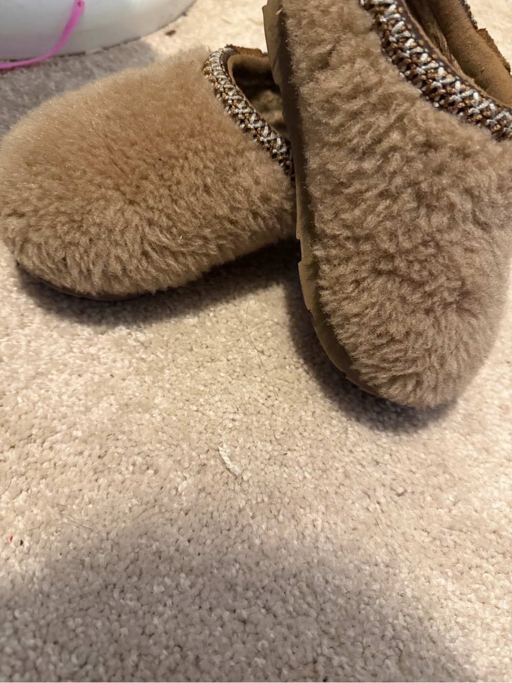 UGG Kids Brown Plush Slip-On Slippers with Braided Trim